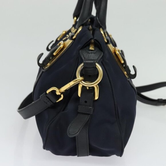 PRADA Tote Bag Nylon 2way Navy Gold Auth PP893 - Picture 5 of 16